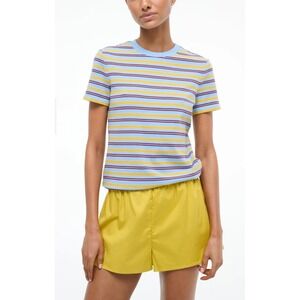 Staud Womens Weekend Crew Tee Linus Stripe Size Large Short Sleeve Blue Yellow